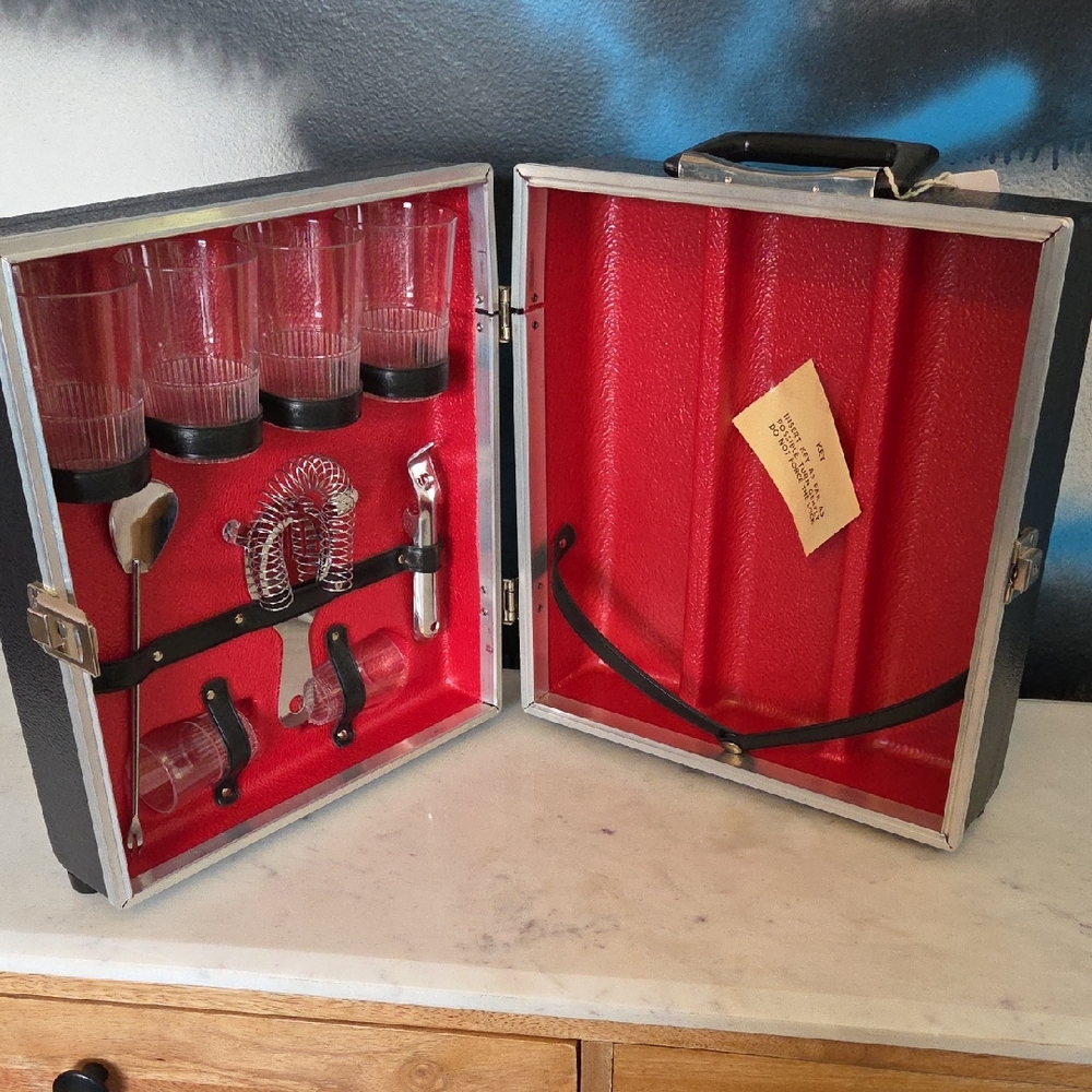 Vintage Travel Bar Case with Glasses and Cocktail Tools - Red Interior